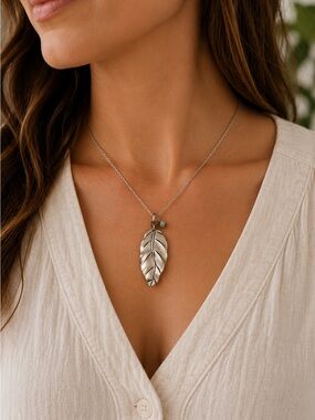 Handmade Silver Tone Leaf Pendant with Green Bead Accent Artisan Nature Jewelry